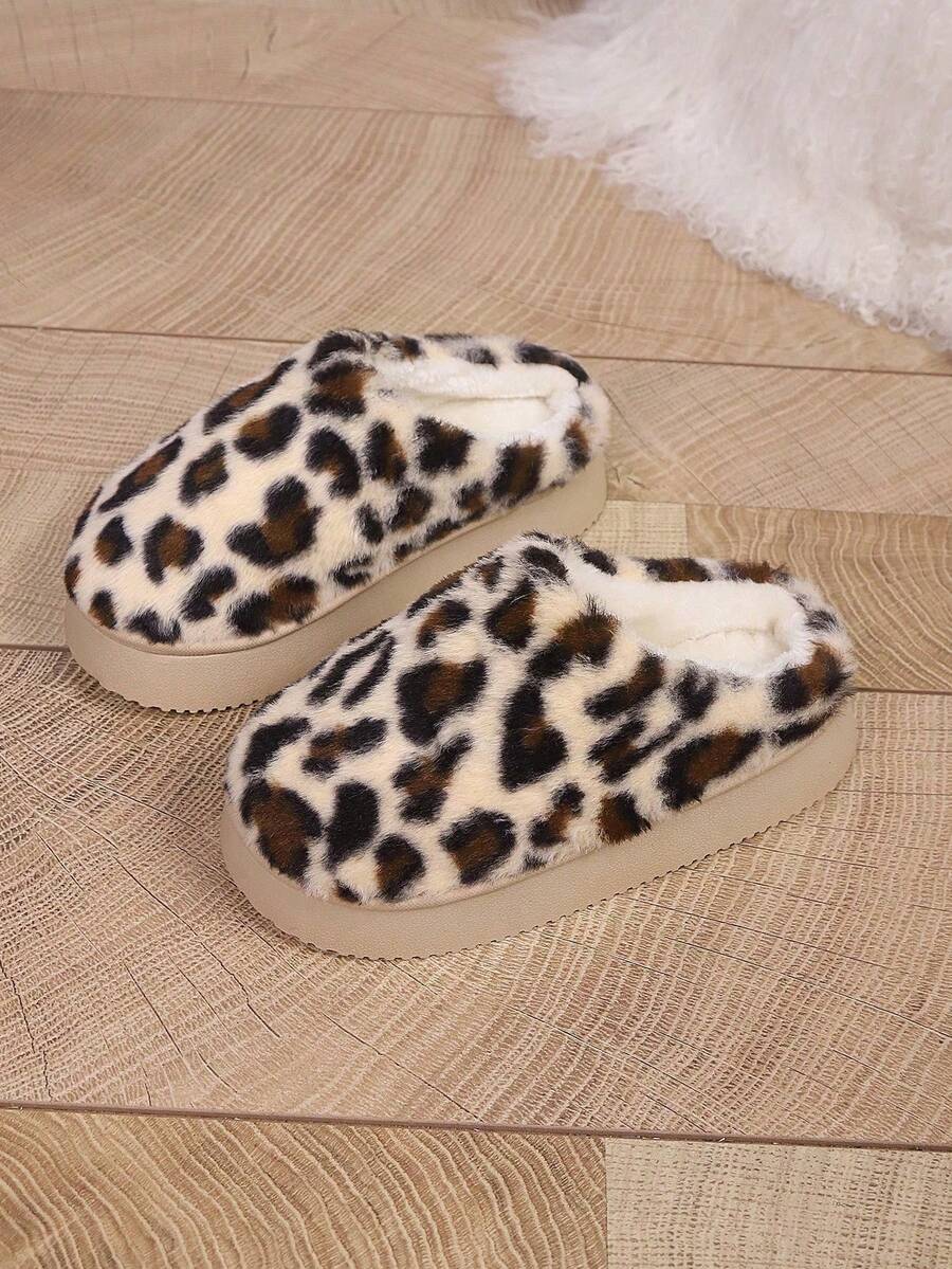 Women's Leopard Print Fuzzy Slippers Cozy Faux Fur House Shoes, Soft PVC Sole, Warm Indoor Winter Slides - Beige Leopard Print - View 1