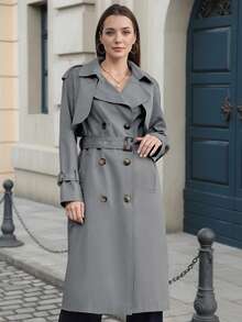 ZIAI Snygg trenchcoat i midimodell med slagkrage, dubbla knappar, bälte och fickor, långa raglanärmar för kvinnor - Grå - Visa 8