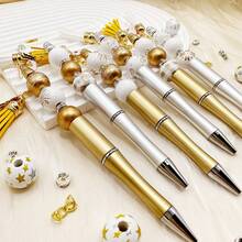 6 قطع قلم DIY مزين بالخرز ذو موضوع نجوم الثلج الذهبية والفضية، خرز خشبي، شرابة وقلادة من السبائك المعدنية، تشمل سحر نجمة الثلج والثلجي والرنة، هدية عيد الميلاد رائعة ولوازم مدرسية/مكتبية