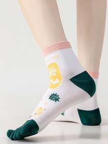1/3/5 双女式卡通图案分趾袜，时尚中筒袜，百搭可爱长袜，适合春、秋、冬 - 彩色 - 查看 8