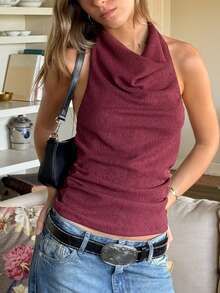 Women High Mock Neck Halter Top Cowl Ruched Open Back Tank Tops Backless Y2k Summer Going Out Tops - Burdeos - Ver 2