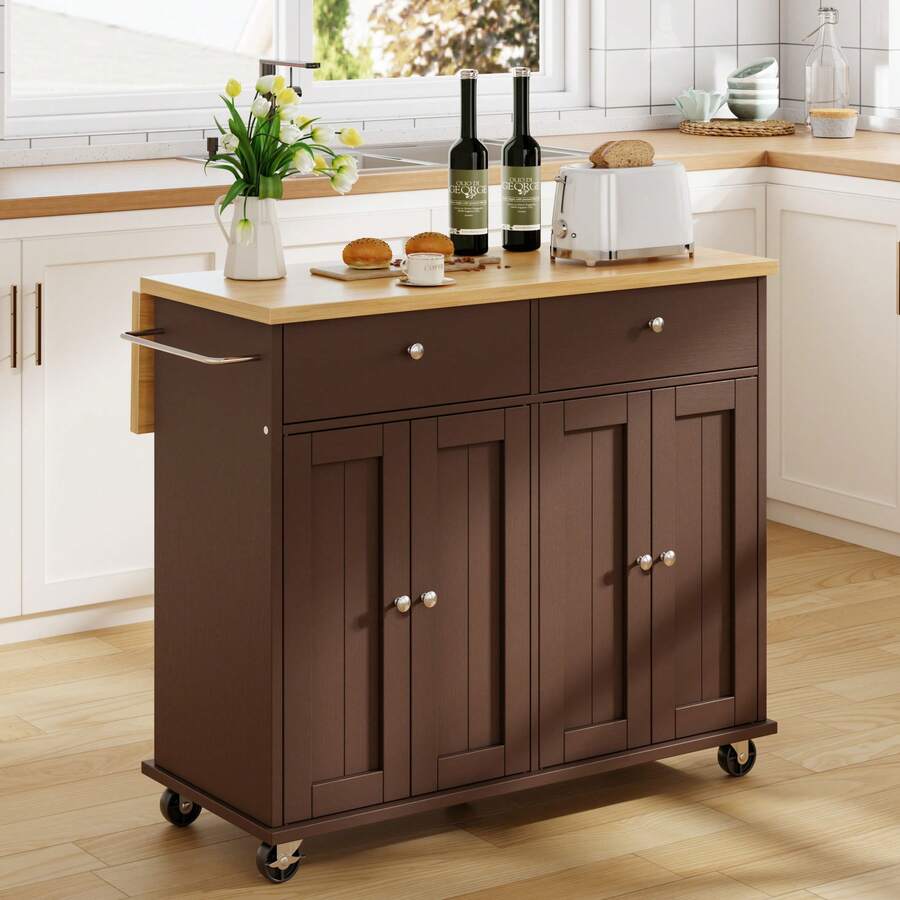 Vongrasig 39" Kitchen Island On Wheels With Storage Cabinet Kitchen Cart Cabinet With Shelves, Cart Handle For Towel Rack Or Free Mobility, Portable Islands, - Brown - View 1