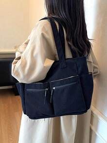 1 pieza Bolso de tela grande y versátil de estilo minimalista y de moda, con múltiples bolsillos prácticos, gran capacidad, adecuado para la escuela, la universidad, el trabajo y el uso casual, bolso de hombro para mujer - Negro - Ver 3