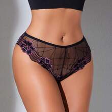 Women's Lace Underwear, Women's Lace Stitched Midriff Triangle Pants, Purple Small Flower Underwear, Women's Underwear And Lingerie - 黑色 - 查看 3