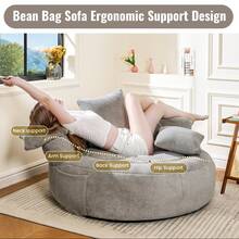 Giant Bean Bag Chair For Adults, Teddy Fabric Upholstered Loveseat Lazy Sofa With Storage Pocket And High-Density Memory Foam Padding, For Home Office, Living Room, Bedroom, Apartment, No Assembly Needed - Xám - Xem 4