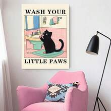 1 pieza Lava tus patitas con estampado de gato verde, lindo póster de baño, pósteres de lavado para niños en el cuarto de lavado, decoración de impresiones Kawaii, arte único de gatos, sin marco