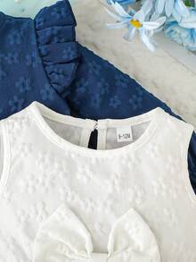 Set de 2 piezas: Chaqueta de cárdigan informal con estampado de copos de nieve y vestido de malla con lazo para niñas bebé - Multicolor - Ver 8