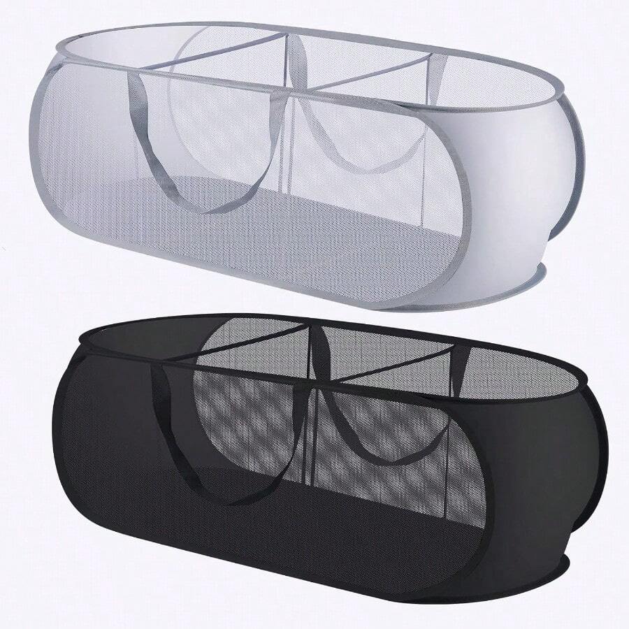 FACULX 2 Pack Pop Up Hampers For Laundry 3 Compartments Mesh Folding Laundry Basket Collapsible Mesh Laundry Hamper For Laundry Room Bathroom Room College Dorm Or Travel Grey And Black-HOME - 灰黑 - 查看 1