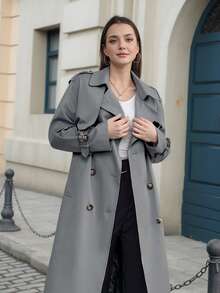 ZIAI Snygg trenchcoat i midimodell med slagkrage, dubbla knappar, bälte och fickor, långa raglanärmar för kvinnor - Grå - Visa 7