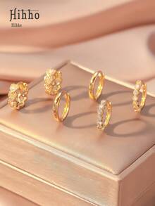 Hihho 6pcs/Set Classic Retro Zirconia Stud Earrings Set, Minimalist Luxury Design Earrings, Suitable For Daily Stacking Or Single Wear, Best Gift For Friends - Yellow Gold - View 8