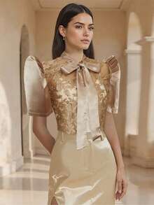 Amyenjoylife Modern Filipino Style, Elegant Embroidered Floral Puff Sleeve Short Jacket - Coffee Brown - View 5