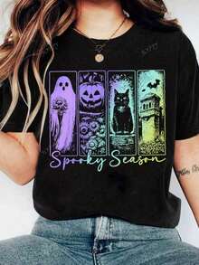 Nightmare Before Christmas, Halloween Clothes, Women Halloween Costumes, Women Halloween Costumes, Women Halloween Costumes, Halloween T-Shirt Autumn Ghost Pattern Women Casual Round Neck Short Sleeve T-ShirtCómodo Y Transpirable - 黑色 - 查看 1
