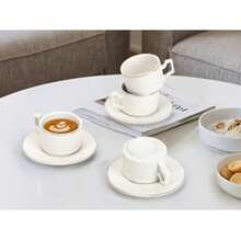 6-Pc Embossed Coffee Cup Set - Ceramic Espresso Cups & Saucers W/ Gothic Relief Design, Cafe Service For Cappuccino/Latte, Perfect For Fall / Thanksgiving Day Table Decor - White-90ml-6 Cups and 6 Plates - View 9
