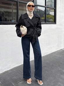 DAZY 女士短款收腰休闲牛仔夹克外套，秋冬季简约时尚 - 深色水洗藍 - 查看 3