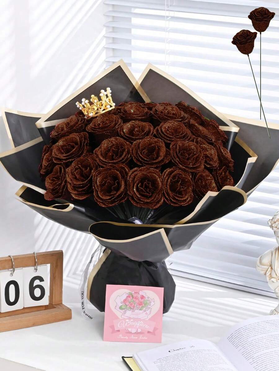 MEHELANY Bộ 12 bông hồng giả lấp lánh 2.76 inch, hồng giả màu cà phê, bó hoa hồng giả lấp lánh tự làm bền lâu, thích hợp làm quà tặng kỷ niệm, đính hôn, cưới, Ngày Valentine, Ngày của Mẹ, sinh nhật, trang trí nhà cửa, phòng ngủ, văn phòng, bàn bếp, đồ dùng tiệc tùng, hoa giả để trang trí vòng hoa và bình hoa, quà tặng cho bạn gái, mẹ, phụ nữ (có gói quà).