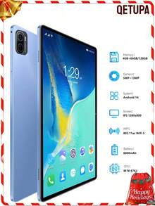 Qetupa Tablet PC Android 14 de 10.1 pulgadas Pad 5 Pro, 4GB RAM + 64GB/128GB ROM, Procesador MTK 6762 Octa-Core 2.0GHz, Cámara frontal de 5MP y cámara trasera de 13MP, Batería grande de 6000mAh, Pantalla táctil HD (1280x800) IPS, Bluetooth 5.4 y WiFi 802.11ac 5, Sin soporte para tarjeta SIM, Adecuado para Navidad, Halloween, Acción de Gracias, Pascua - Azul - Ver 1