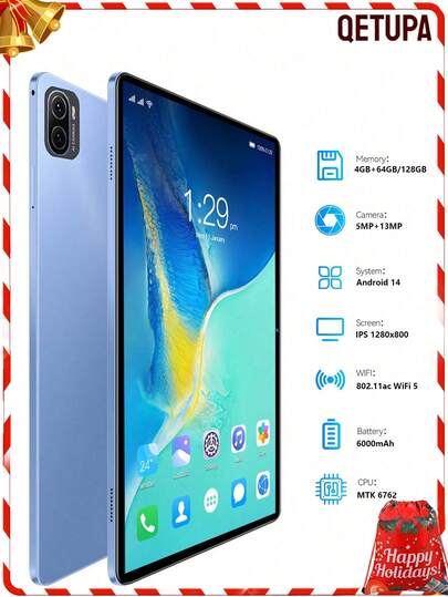 Qetupa 10.1-Inch Pad 5 Pro Android 14 Tablet PC, 4GB RAM + 64GB/128GB ROM, MTK 6762 Octa-Core 2.0GHz Processor, 5MP Front Camera And 13MP Rear Camera, 6000mAh Large Battery, HD (1280x800) IPS Touchscreen, Bluetooth 5.4 And 802.11ac WiFi 5, No SIM Card Support, Suitable For Christmas, Halloween, Thanksgiving, Easter