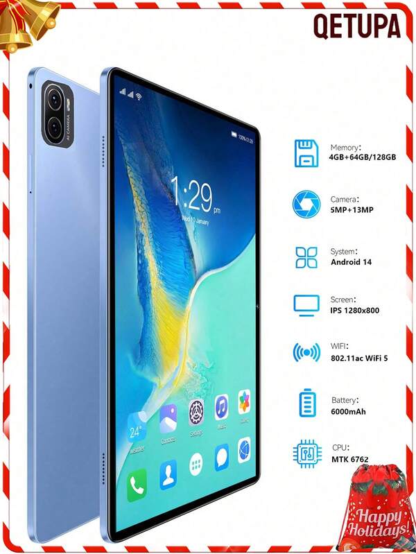 Qetupa Tablet PC Android 14 de 10.1 pulgadas Pad 5 Pro, 4GB RAM + 64GB/128GB ROM, Procesador MTK 6762 Octa-Core 2.0GHz, Cámara frontal de 5MP y cámara trasera de 13MP, Batería grande de 6000mAh, Pantalla táctil HD (1280x800) IPS, Bluetooth 5.4 y WiFi 802.11ac 5, Sin soporte para tarjeta SIM, Adecuado para Navidad, Halloween, Acción de Gracias, Pascua