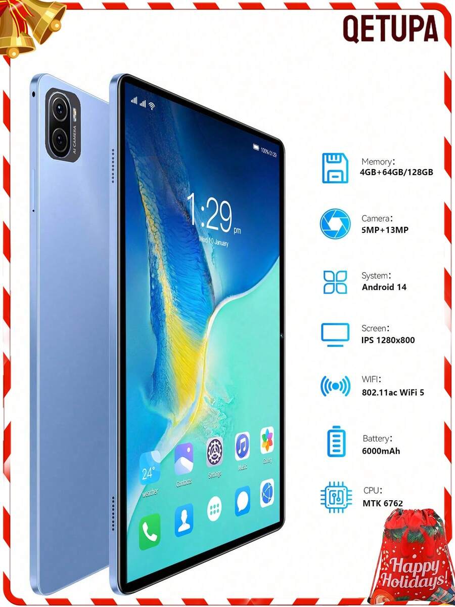 Qetupa Tablet PC Android 14 de 10.1 pulgadas Pad 5 Pro, 4GB RAM + 64GB/128GB ROM, Procesador MTK 6762 Octa-Core 2.0GHz, Cámara frontal de 5MP y cámara trasera de 13MP, Batería grande de 6000mAh, Pantalla táctil HD (1280x800) IPS, Bluetooth 5.4 y WiFi 802.11ac 5, Sin soporte para tarjeta SIM, Adecuado para Navidad, Halloween, Acción de Gracias, Pascua - Azul - Ver 1