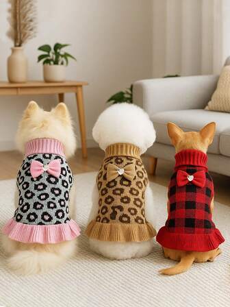 1pc Adorable Christmas Red Check Dog Sweater Dress With Bow For Small Dogs Winter Warm Dog Turtleneck Sweater Soft Puppy Knitwear Clothes Cute Doggie Dresses For Teacup Dog Yorkie Chihuahua