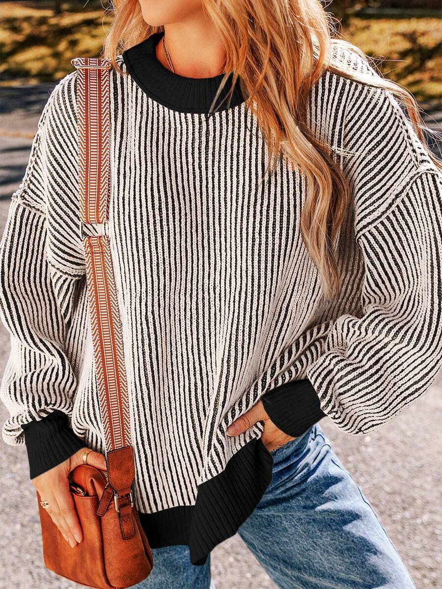 Acelitt Áo len chui đầu dài tay dáng rộng màu tương phản sọc thời trang - màu đen - Xem 1