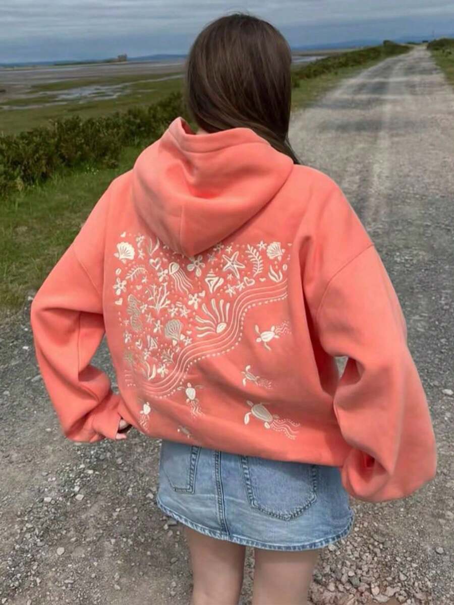 Women's Ocean Embroidered Hoodie Oversized Sweatshirt Casual Loose-Fit Top For Fall/Winte Layering And Everyday Outfits - 橘色 - 查看 1