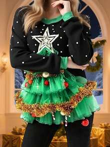 Womens 3D Christmas Costume Sweatshirts Long Sleeve Round Neck Loose Pullovers Holiday Tops - Negro - Ver 5