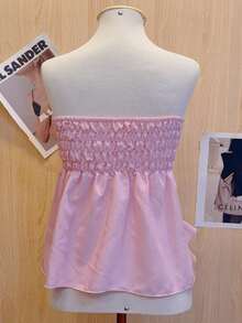 Butterfly Cropped Blouse With Ruffled Neck Tie - Baby Pink - View 2