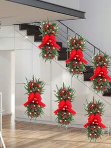 1pc, 17.71inch Christmas Wreath Hanging Decoration Staircase Red Rattan Bow Wreath Pine Cones Decoration Home Decoration Props Festive Atmosphere Venue Layout Props - Multicolor - View 6