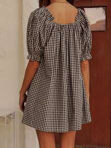 Women Plaid Summer Dress Loose Bow Square Neck Puff Sleeve Short Dress For Daily Travel - màu đen - Xem 6
