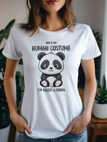 Cute Panda Halloween T-Shirt  This Is My Human Costume Tee  Funny Spooky Season Outfit  Charming Anime Gift Idea  Uni Crewneck T-Shirt With Popular Colors, Animal Patterns, Geometric Patterns, Tie Dye Patterns, Floral Patterns, Millennial Spicy Girl Style, Y2K Style, Basic Patterns, Floral Patterns, Loose,Fall Outfit For Women, Christmas Outfit Women,Tops,Fall Clothes For Women,Vestidos Elegantes De Mujer,Winter Clothes For Women,Niche Vitality, Plus A Comfortable Fit - 白色 - 查看 1