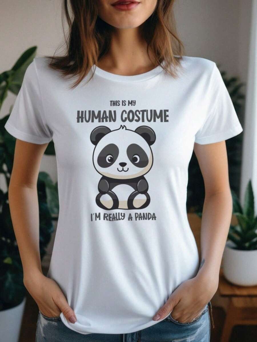 Cute Panda Halloween T-Shirt  This Is My Human Costume Tee  Funny Spooky Season Outfit  Charming Anime Gift Idea  Uni Crewneck T-Shirt With Popular Colors, Animal Patterns, Geometric Patterns, Tie Dye Patterns, Floral Patterns, Millennial Spicy Girl Style, Y2K Style, Basic Patterns, Floral Patterns, Loose,Fall Outfit For Women, Christmas Outfit Women,Tops,Fall Clothes For Women,Vestidos Elegantes De Mujer,Winter Clothes For Women,Niche Vitality, Plus A Comfortable Fit - 白色 - 查看 1
