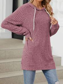 Women's Fall Casual Hoodies Solid Color Ribbed Long Sleeve Loose Sweatshirt Streetwear