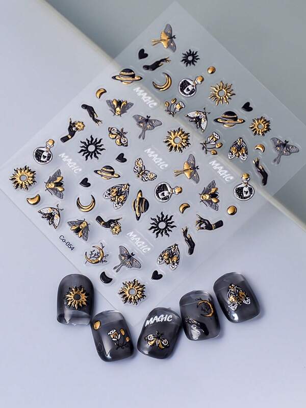 1 Sheet Nail Art Gold Moth Stickers Adhesive Sliders DIY Nails Polish Manicure Sticker Decals