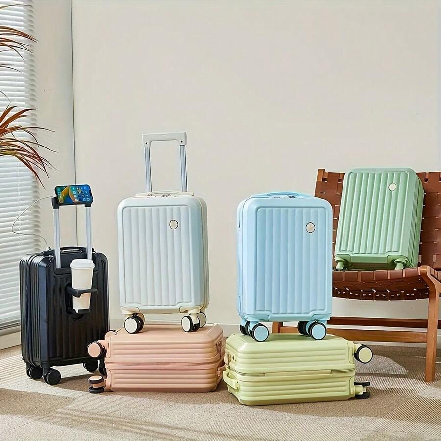 New Lightweight 14-Inch Carry-On Trolley Suitcase, High-Quality Small Travel Luggage With Removable Wheels, Password Lock, Phone Holder, Cup Holder, Multi-Function, High Load-Bearing Capacity, Suitable For Outdoor Travel