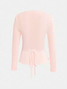 Women's Spring And Autumn Pink Cross-Cut Low-Cut Deep V-Neck, Frill Edge And Lace-Up Design, Sexy And Self-Cultivation Long-Sleeved Knitted Top