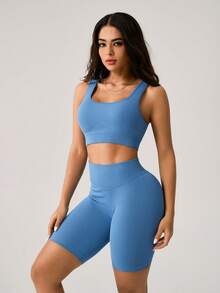 NcmRyu Women's Ribbed Crop Tank & High-Rise Biker Shorts Set - Stretchy Fabric Summer Activewear, Yoga Essential For Workout, Gym & Casual Wear - Màu xanh lam - Xem 3