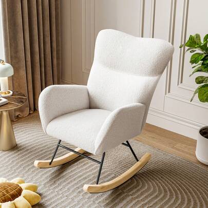 Rocking Chair For Adults, Teddy Boucle Upholstered Nursing Chair Accent Lounge Rocker, Comfy High Backrest Armchair For Living Room Bedroom Office