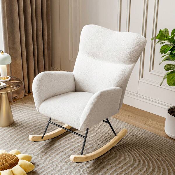 Rocking Chair For Adults, Teddy Boucle Upholstered Nursing Chair Accent Lounge Rocker For Nursery Comfy High Backrest Armchair For Living Room Bedroom Office