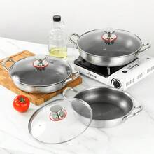 高品质不锈钢炒锅，带玻璃盖不粘锅，平底锅，三层不锈钢，304 不锈钢