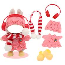 Weihnachtsthematisches Cut Out gestricktes Pullover-Set, kombiniert mit Schal, Kopfhörern, Schuhen, für LABUBU, Halloween, Weihnachten, Feiertage, Geburtstagsgeschenk (ohne Plüschpuppe)