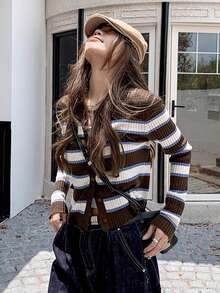 Autumn/Winter Colorblock Striped Knit Cardigan For Women, Fashion Fitted Short Sweater Jacket - Brown - View 1