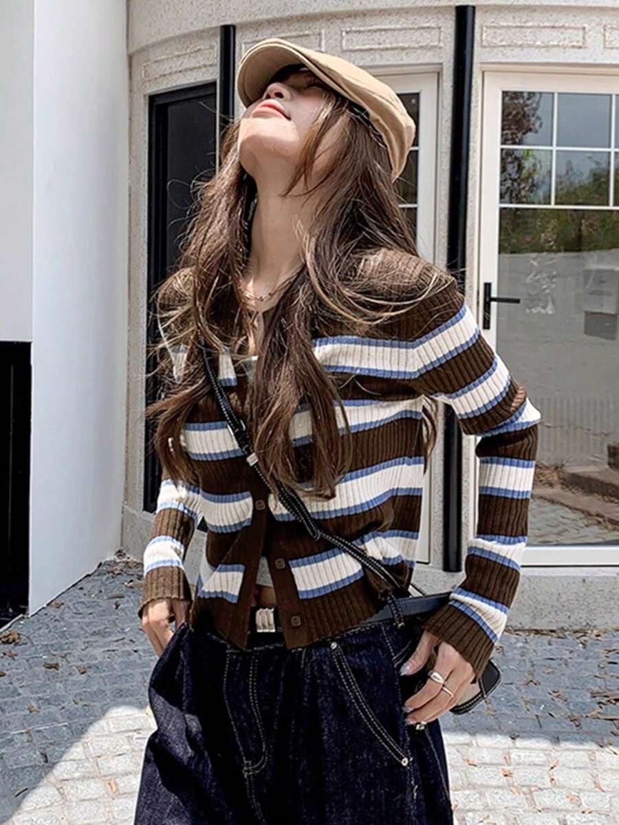 Autumn/Winter Colorblock Striped Knit Cardigan For Women, Fashion Fitted Short Sweater Jacket - Brown - View 1