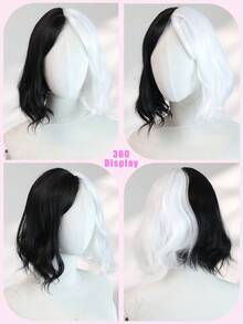 Halloween Costumes 10 Inch Short Body Wave Black And White Bob Wigs With Bangs For Women Synthetic Wig Natural Looking Daily Party Cosplay Use High Quality Natural Comfort Women's Wig Resistant Women's Elegant Wig For Beauty Holiday Essential - Black and White - View 8