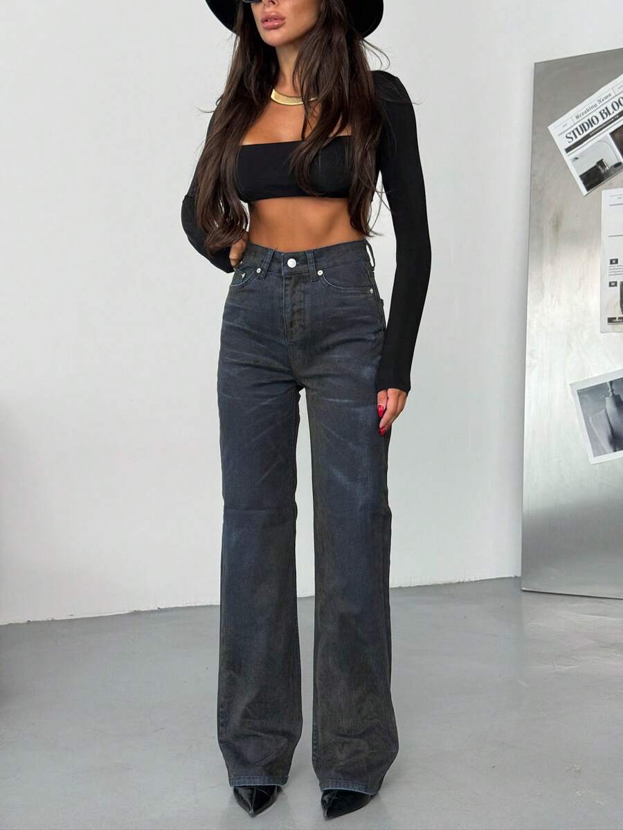 SQUALO Women's Wide Leg Color With Pocket Details Destroyed Retro Washed Street Style Jeans Ripped And Cutout Wide Leg Jeans