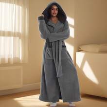 Bata de baño de franela para mujer, bata de dormir con cuello de chal grueso, bata con capucha esponjosa y cálida, bata con capucha de unicolor y mangas largas gruesas para pareja, otoño/invierno