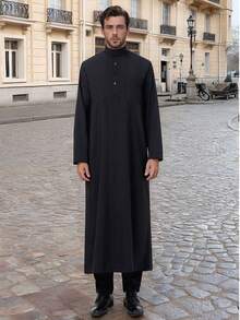Túnica de oración musulmana de manga larga con cuello mao de unicolor clásico para hombres