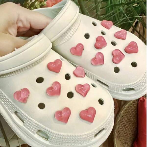 6/10/14 PCS Pink Heart-Shaped DIY Shoe Decoration Set, Detachable Shoe Decoration, Suitable For Hole Shoes, Beach Sandals, Slippers, Valentine's Day, Halloween, Christmas, New Year's Perfect Gift (No Shoes)