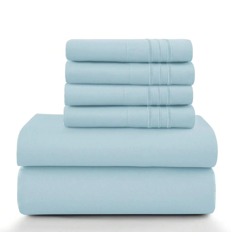 LUX DECOR 6-Piece Embroidered Bed Sheet Set – Brushed Microfiber, Deep Pocket, Lightweight & Breathable – Graduation Gifts, Home Decor, Sleep Protection For Dorms, Student Beds, Back‑To‑School Gift, Soft Bed Linens, Comfortable Sleep, Luxury Bed Set, Valentine's Day Bedroom, Spring Bedding Refresh, Guest Room Essentials, Dorm Room Bedding, Premium Bed Linens, Easy Care Sheets, Hypoallergenic Fabric, Year-Round Comfort, Master Bedroom Update, Matching Bedding Set, Hotel Quality Linens - 藍色 - 查看 1