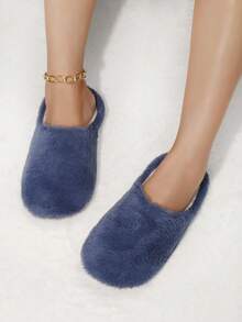 女士时尚蓬松毛绒家居拖鞋、室内地板覆盖袜、冬季保暖轻便卧室拖鞋、毛茸茸的鞋子 - 寶藍色 - 查看 4